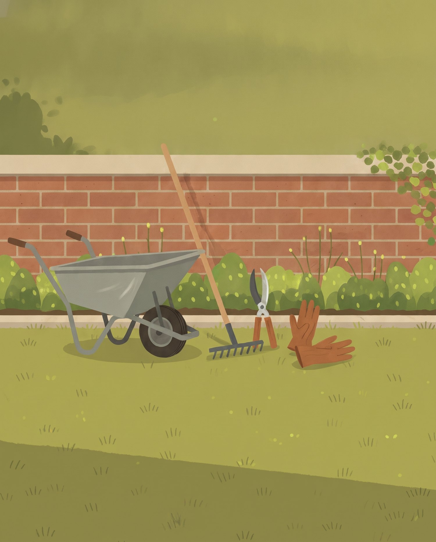 Illustration of a wheelbarrow, rake and shears on a cut lawn beside a red-brick wall