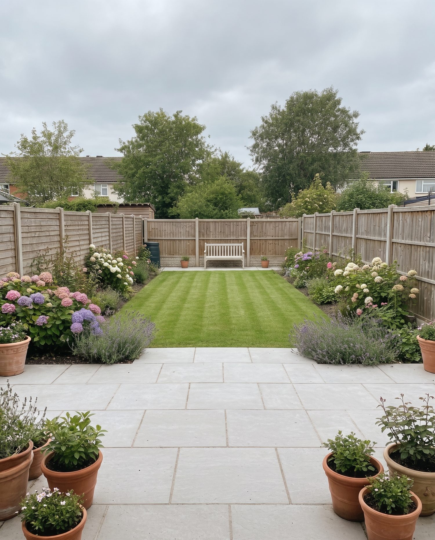 View down a tidy suburban garden with a trimmed lawn and weeded borders (illustrative image, not a customer job)