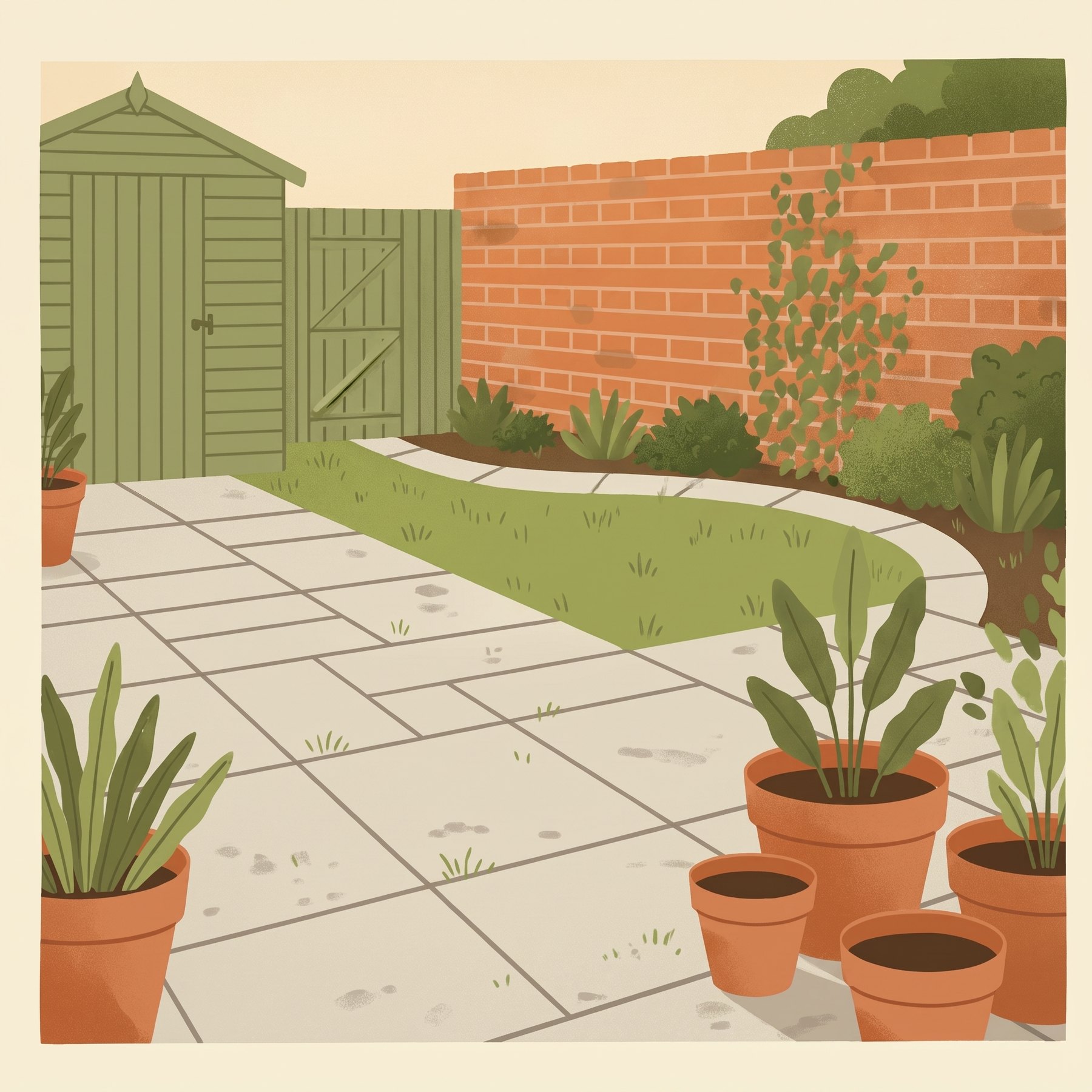 Illustration of a clean paving patio with terracotta pots and a trimmed lawn edge